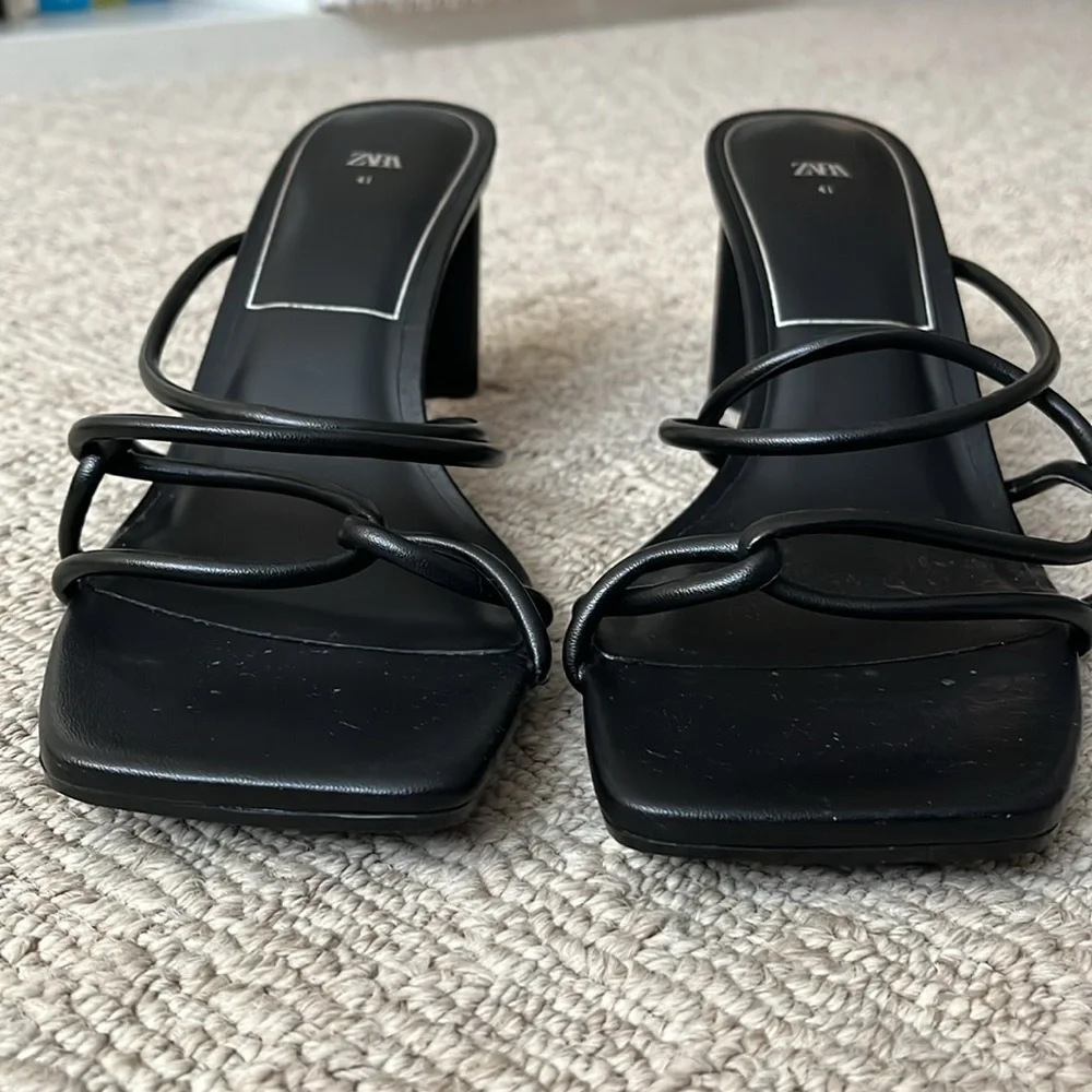 Zara Black Leather Strappy Block Heel Square Toe Mule Sandal Size 41 US 10 - Picture 7 of 11